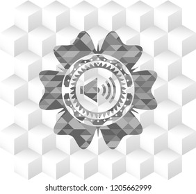 sound icon inside grey emblem. Retro with geometric cube white background
