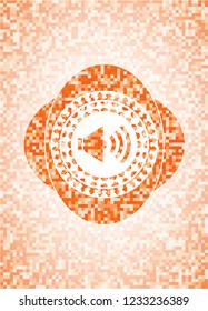 sound icon inside orange tile background illustration. Square geometric mosaic seamless pattern with emblem inside.