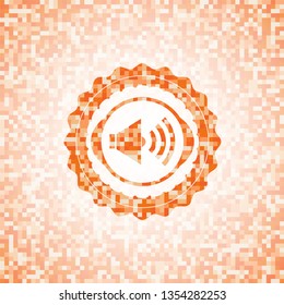 sound icon inside orange tile background illustration. Square geometric mosaic seamless pattern with emblem inside.