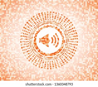 sound icon inside orange tile background illustration. Square geometric mosaic seamless pattern with emblem inside.