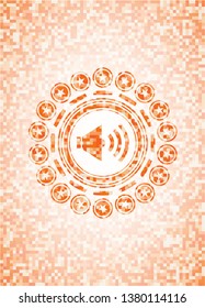 sound icon inside orange tile background illustration. Square geometric mosaic seamless pattern with emblem inside.