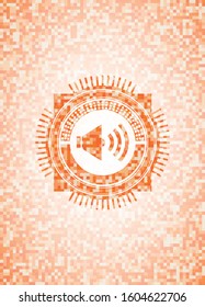 sound icon inside orange tile background illustration. Square geometric mosaic seamless pattern with emblem inside.