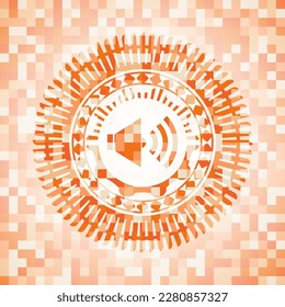 sound icon inside orange tile background illustration. Square geometric mosaic seamless pattern with emblem inside. 