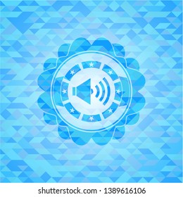sound icon inside realistic light blue emblem. Mosaic background