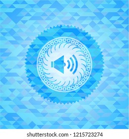 sound icon inside realistic sky blue emblem. Mosaic background
