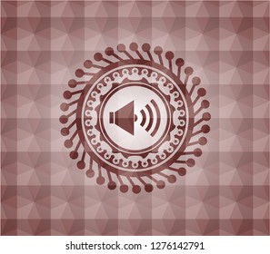 sound icon inside red emblem or badge with abstract geometric polygonal pattern background. Seamless.