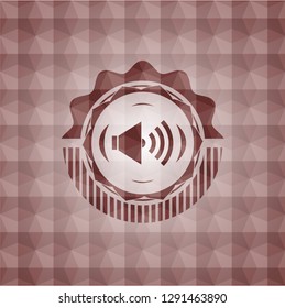 sound icon inside red seamless emblem or badge with geometric pattern background.