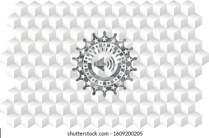 sound icon inside retro style grey emblem with geometric cube white background