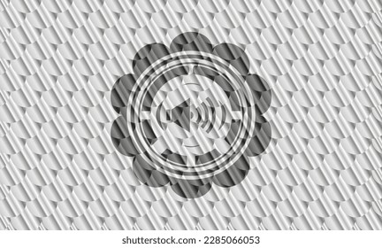 sound icon inside silver color emblem. Scales pattern. Vector Illustration. Detailed. 