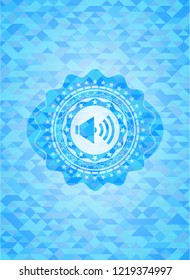 sound icon inside sky blue emblem with mosaic background