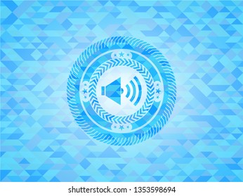 sound icon inside sky blue emblem with triangle mosaic background