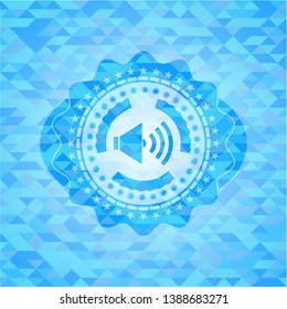 sound icon inside sky blue emblem with triangle mosaic background