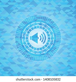 sound icon inside sky blue emblem with mosaic background