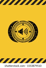 sound icon inside warning sign, black grunge emblem. Vector Illustration. Detailed.