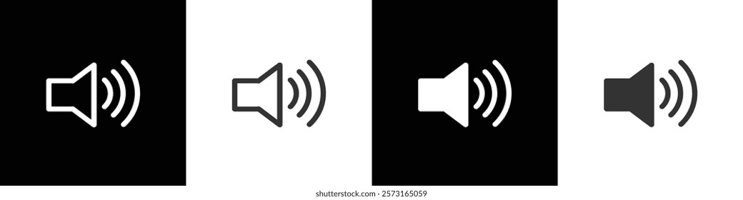 Sound icon, maximum volume, speaker sign, audio control icon. Аn icon that increases and reduces the sound. Sound volume icon with different signal levels on black, white and transparent background.