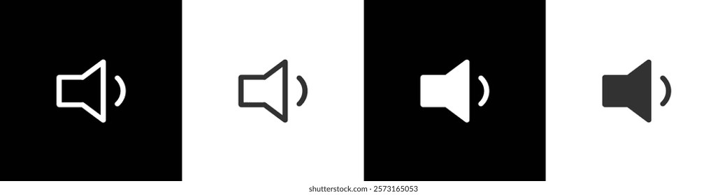 Sound icon, minimum volume, speaker sign, audio control icon. Аn icon that increases and reduces the sound. Sound volume icon with different signal levels on black, white and transparent background.