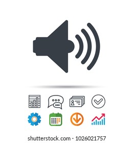 Sound icon. Music dynamic symbol. Statistics chart, chat speech bubble and contacts signs. Check web icon. Vector