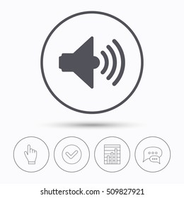 Sound icon. Music dynamic symbol. Chat speech bubbles. Check tick, report chart and hand click. Linear icons. Vector