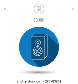 Sound icon. Musical speaker sign. Blue flat circle button. Linear icon with shadow. Vector