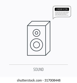 Sound icon. Musical speaker sign. Linear outline icon. Speech bubble of dotted line. Vector