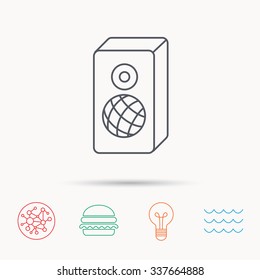 Sound icon. Musical speaker sign. Global connect network, ocean wave and burger icons. Lightbulb lamp symbol.