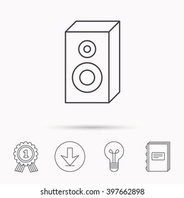 Sound icon. Musical speaker sign. Download arrow, lamp, learn book and award medal icons.