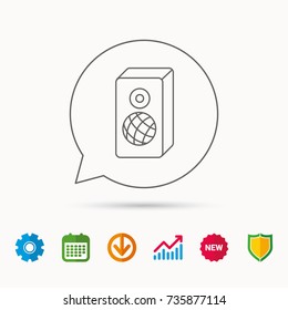 Sound icon. Musical speaker sign. Calendar, Graph chart and Cogwheel signs. Download and Shield web icons. Vector