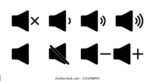 Sound icon mute. Volume and audio up or down. Speaker button off or silent mode. Sign of loud noise of music. Symbols of siren bar for player app. Level of volume ringtone, voice for computer. Vector.