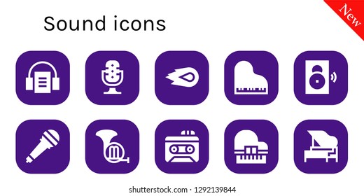  sound icon set. 10 filled sound icons. Simple modern icons about  - Audiobook, Microphone, Media fire, Piano, Speaker, French horn, Recorder