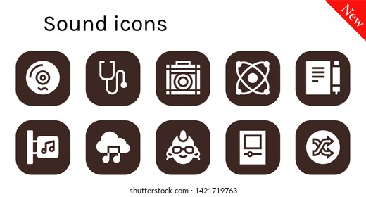 sound icon set. 10 filled sound icons.  Simple modern icons about  - Vinyl, Stethoscope, Amplifier, Electron, Note, Music store, Music file, Punk, Mp player, Shuffle