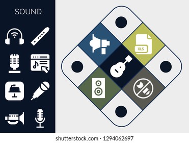  sound icon set. 13 filled sound icons. Simple modern icons about  - Guitar, Jazz, Microphone, Keynote, Karaoke, Music store, Headphones, Flute, Xls, Megaphone, Woofer, Bomb