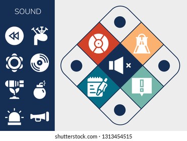 sound icon set. 13 filled sound icons.  Collection Of - Volume, Alarm, Trumpet, Bomb, Tambourine, Vinyl, Rewind, Bagpipes, Slider, DJ, Notes, Alert