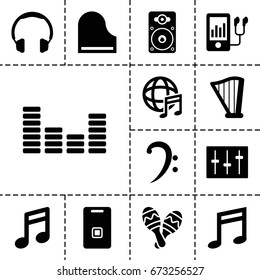 Sound icon. set of 13 filled soundicons such as mp3 player, bass clef, music note, equalizer, sliders, loudspeaker, piano, harp, international music, door ringer, maraca