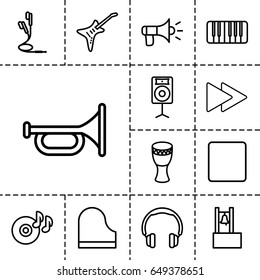 Sound icon. set of 13 outline soundicons such as disc on fire, stop, fast forward, piano, guitar, earphones, loudspeaker, drum, megaphone, bell, trumpet