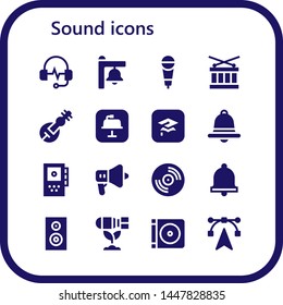sound icon set. 16 filled sound icons.  Simple modern icons about  - Headphones, Bell, Microphone, Drum, Veena, Keynote, Itunes, Notification, Recorder, Speaker, Vinyl, Subwoofer