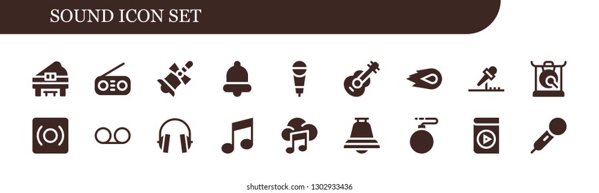  sound icon set. 18 filled sound icons.  Simple modern icons about  - Piano, Radio, Bell, Microphone, Guitar, Media fire, Gong, Record, Voice message, Headphones, Music, Bomb