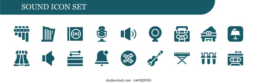 sound icon set. 18 filled sound icons.  Collection Of - Flute, Harp, Vinyl, Microphone, Volume, Webcam, Radio, Piano, Keynote, Sliders, Speaker, Drum, Alarm bell, Shuffle, Violin