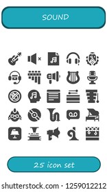  sound icon set. 25 filled sound icons. Simple modern icons about  - Guitar, Volume, Audio file, Headphones, Cervantes, Flute, Megaphone, Harp, Microphone, Bombing, Music, Notes