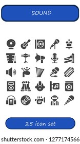  sound icon set. 25 filled sound icons. Simple modern icons about  - Webcam, Guitar, Vinyl, Microphone, Bell, Xylophone, Cymbals, Megaphone, Slider, Volume, Bagpipes, Harp, Harmonica