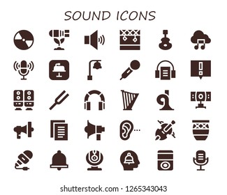  sound icon set. 30 filled sound icons. Simple modern icons about  - Compact disc, Bomb, Volume, Stage, Instrument, Music file, Microphone, Keynote, Bell, Audiobook, Alert, Speaker