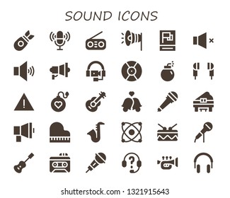 sound icon set. 30 filled sound icons.  Simple modern icons about  - Bomb, Microphone, Radio, Megaphone, Propaganda, Volume, Headphones, DJ, Earphones, Alert, Guitar, Bells, Piano