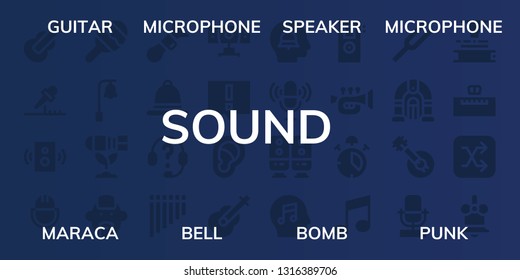 sound icon set. 32 filled sound icons. on blue background style Simple modern icons about  - Guitar, Microphone, Speaker, Maraca, Bell, Bomb, Punk, Horn, Notification, Headphones