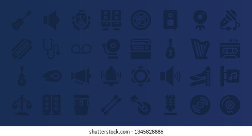 sound icon set. 32 filled sound icons. on blue background style Collection Of - Acoustic guitar, Harmonica, Instrument, Equality, Speaker, Stethoscope, Media fire, Speakers, Cervantes
