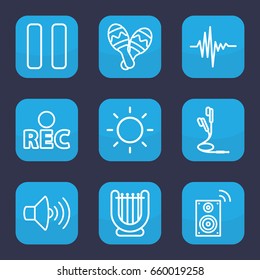 Sound icon. set of 9 outline sound icons such as volume, rec, pause, music equalizer, earphones, maraca, contrast, music loudspeaker