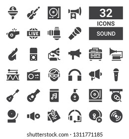 sound icon set. Collection of 32 filled sound icons included Compact disc, Cymbals, Headphone, Note, Mute, Bell, Gong, Turntable, Lute, Audiobook, Guitar, Mandolin, Mic, Megaphone