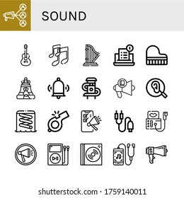 sound icon set. Collection of Megaphone, Guitar, Music, Harp, Notification, Grand piano, Bell, Slider, Loudspeaker, Ear, Whistle, Jack connector, Sonography, Mp player, Dvd icons