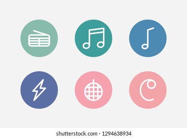 Sound icon set and common-time sign with quaver, disco ball and flash. Tune related sound icon vector for web UI logo design.