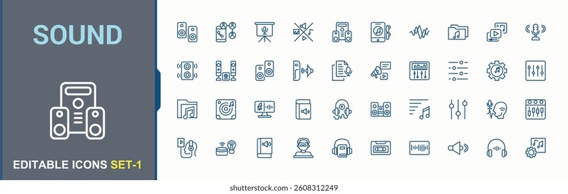 Sound icon set. Contain linear symbols speaker, speak, voice, media and more. Audio icon set. Collection of simple line web icons. Minimalist editable vector stroke.