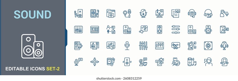 Sound icon set. Contain linear symbols speaker, speak, voice, media and more. Audio icon set. Collection of simple line web icons. Minimalist editable vector stroke.