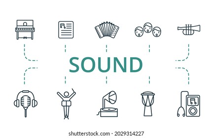 Sound icon set. Contains editable icons theme such as piano, grammophon, conductor and more.